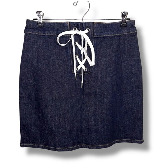 Juniors Large BLDWN Blue Denim Skirt Stretch Fitted Lace Up Front Accent - Picture 1 of 11